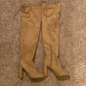 Tan knee high adjustable draw string heel boots